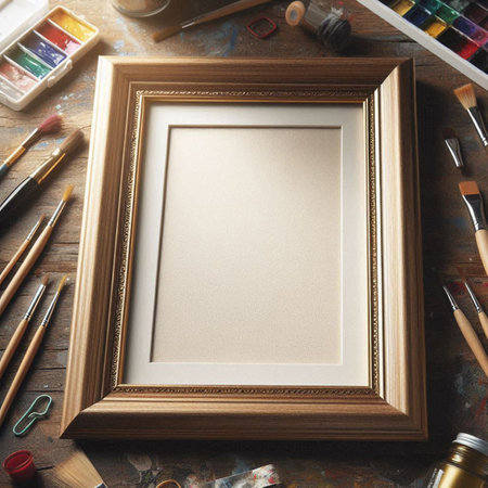 Photo frame and painting tools on rustic wooden background, top view