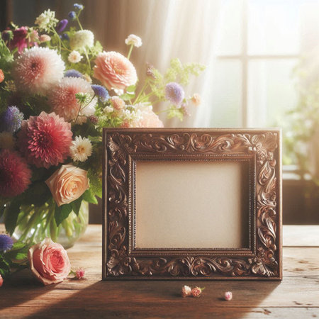 Bouquet of flowers and vintage photo frame on a wooden table.の写真素材