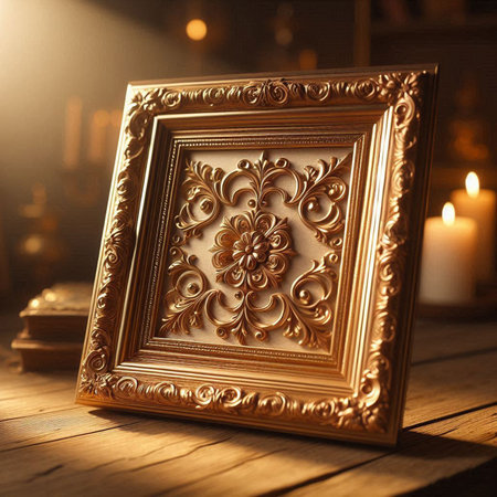 Vintage photo frame on wooden table in dark room, closeupの写真素材