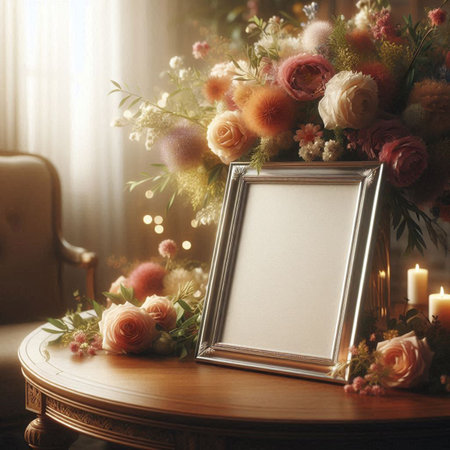 Photo frame on the background of a bouquet of flowers and candlesの写真素材