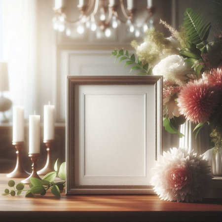 Vintage photo frame mockup with flowers and candles on wooden table. Mock up, 3D Renderingの写真素材
