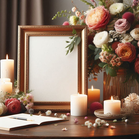 Photo frame mockup with flowers and candles on a wooden table.の写真素材