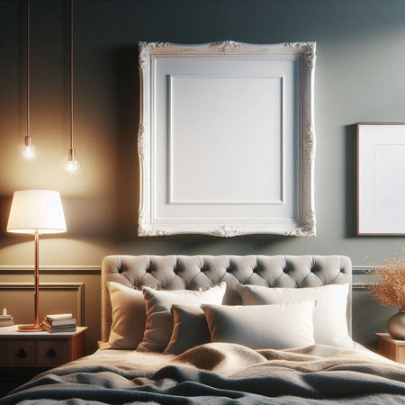 Mockup poster frame in bedroom interior background, 3d renderの写真素材