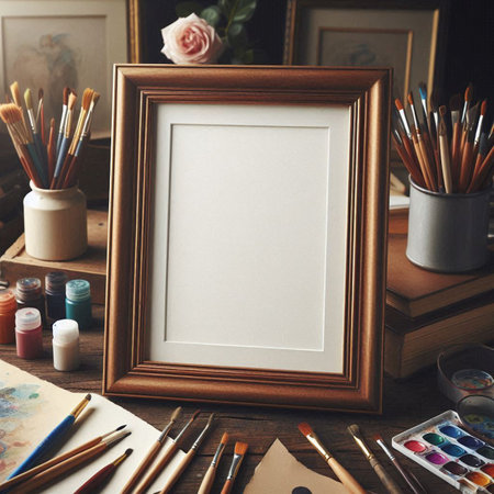 Photo frame mockup with brushes and paints on wooden table, top viewの写真素材