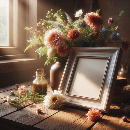Empty photo frame with fresh flowers in vase on wooden table.の写真素材