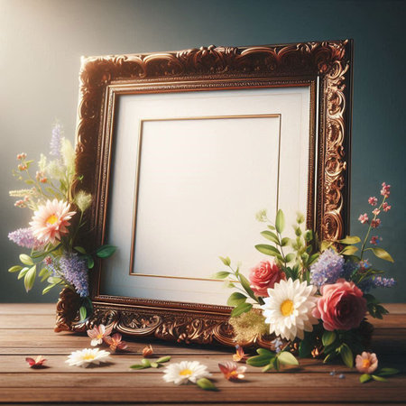 Vintage photo frame with flowers on wooden table. Photo in old color image style.の写真素材