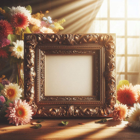 Vintage photo frame with beautiful flowers on wooden table. filtered imageの写真素材