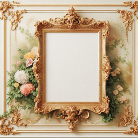 Vintage picture frame with flowers on the wall. 3d renderingの写真素材