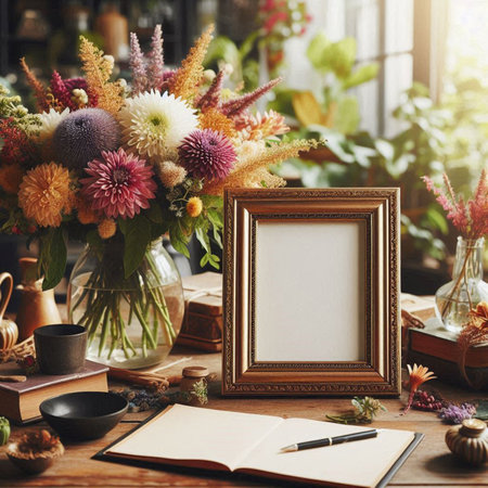 Bouquet of dried flowers and empty picture frame on the wooden tableの写真素材