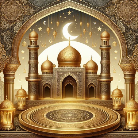 Illustration of Ramadan Kareem background with mosque and crescent moonの写真素材