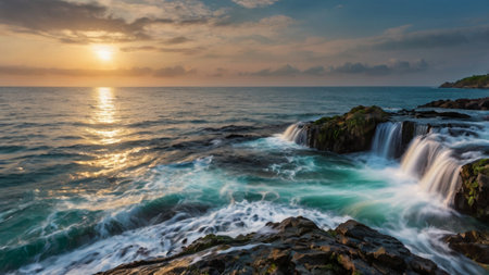 Beautiful sunset on the sea. Beautiful seascape with waterfall.の写真素材