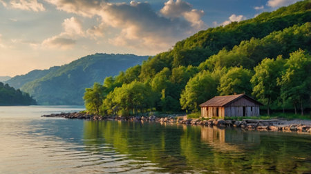Beautiful landscape with a wooden house on the bank of the lakeの写真素材