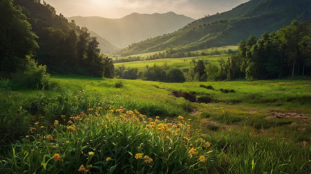 Beautiful summer landscape with meadow and mountains in the background.の写真素材