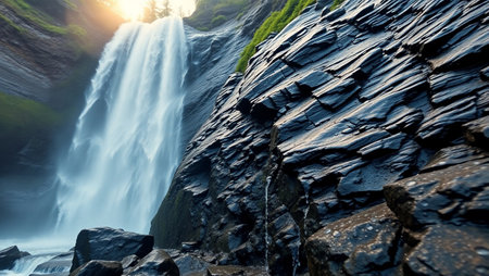 Waterfall in the mountains at sunset. Beautiful nature landscape with waterfall.