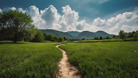 Landscape of green meadow and blue sky with white clouds.の写真素材