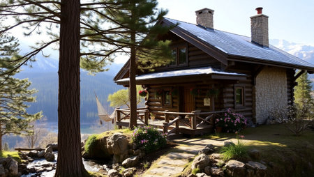Wooden cottage on the bank of a mountain river in the mountainsの写真素材