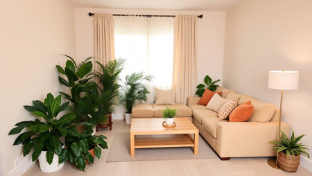 Interior of modern living room with beige sofa and green plants