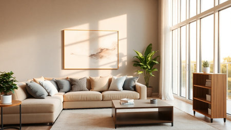 Interior of modern living room with beige sofa, coffee table and panoramic window. 3d renderの写真素材