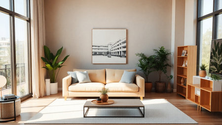 modern bright interiors apartment Living room mockup illustration 3D rendering computer generated...