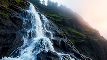 waterfall in swiss alps at summertime with sun flare