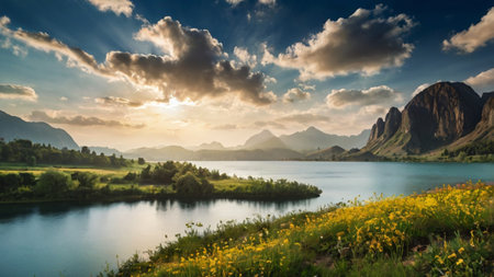 Beautiful summer landscape with lake and mountains. Dramatic sky.の写真素材