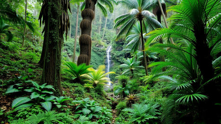 Tropical rainforest with waterfalls and palm treesの写真素材