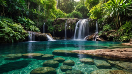 Beautiful waterfall in the tropical forest. Panoramic view.の写真素材