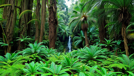 Tropical forest with waterfall and ferns in rainforestの写真素材