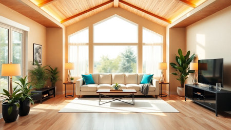 Interior of modern living room with wooden ceiling, 3d render