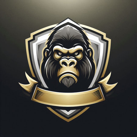 Gorilla mascot logo design with golden ribbon. Good use for logotype, mascot branding, or any...