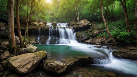 waterfall in deep forest at Phu Soi Dao National Park, Thailandの写真素材