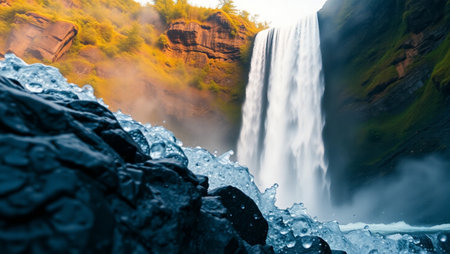Hjalparfoss waterfall, Iceland. Panoramic view