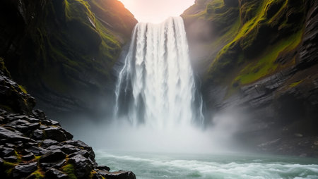 Skogafoss waterfall in Iceland. Panoramic view.
