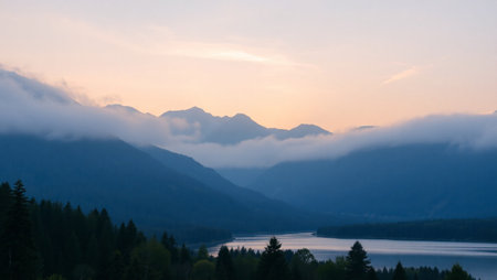 Mountain landscape with lake and forest in the morning. Beautiful nature background.
