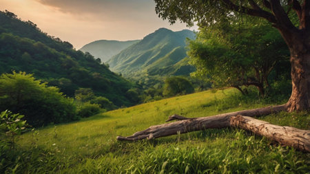 Beautiful sunset in the mountains. Beautiful landscape with green grass and trees.