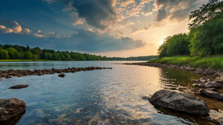 Panoramic view of a lake in the forest at sunset.の写真素材