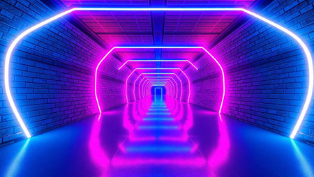 Futuristic corridor with glowing neon lights, 3d rendering backgroundの写真素材