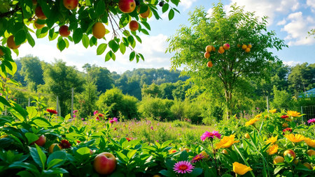 Beautiful garden with apple trees, flowers and fruits in summer.の写真素材