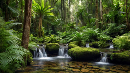 Waterfall in tropical rainforest with green moss and fernsの写真素材