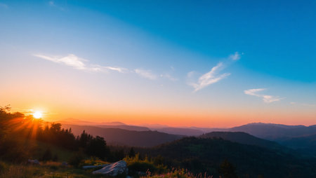 Sunset over the mountains in the Carpathians, Ukraine.の写真素材