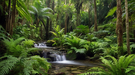 Waterfall in tropical rainforest. Nature background. Waterfall in rainforest.