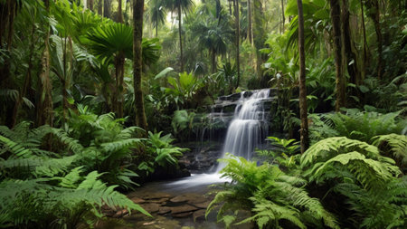 Tropical rainforest with waterfall and ferns in Sri Lanka