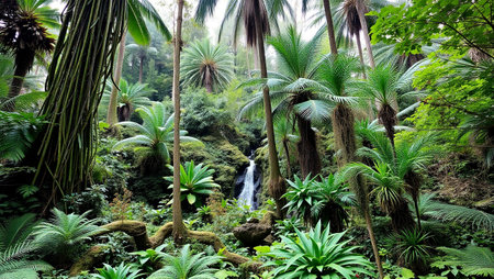 Tropical rainforest with waterfall and palm trees.の写真素材