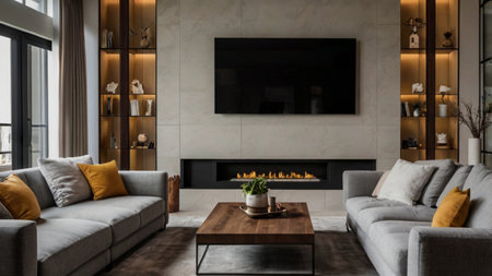 Modern living room interior with sofa, coffee table and bookshelfの写真素材