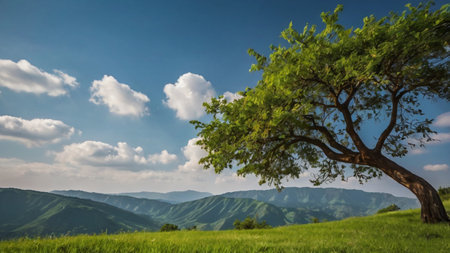 Beautiful summer landscape with a tree on a meadow in the mountains