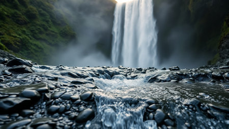 Panoramic view of the famous Skogafoss waterfall in Icelandの写真素材