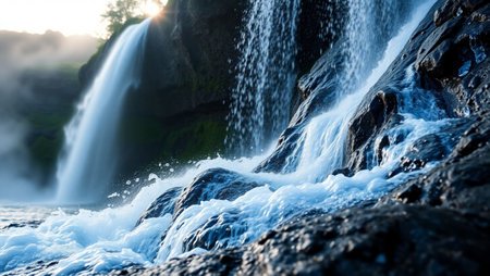 Beautiful waterfall in Iceland, Europe. Long exposure. Toned.の写真素材