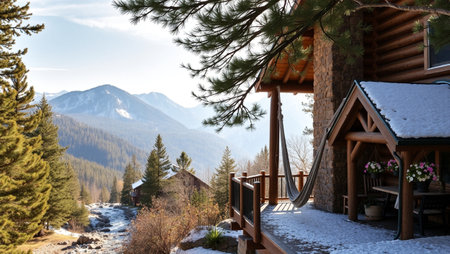 Wooden house in the mountains with a view of the valley.