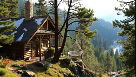 Wooden house in the forest on the background of the mountains.
