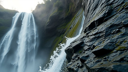 Waterfall in Iceland. Long exposure. Panoramic view.の写真素材